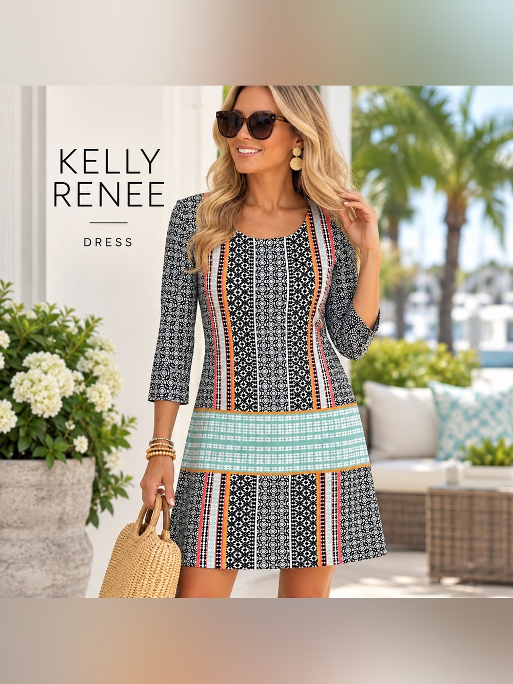 Kelly Renee Geometric Print 3/4 Sleeve Shift Dress Aqua Black Retro Mod Fun